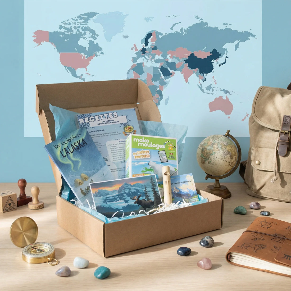 Box de voyage éducative sur l'Alaska avec livre, recettes, globe, carnet et boussole sur bureau