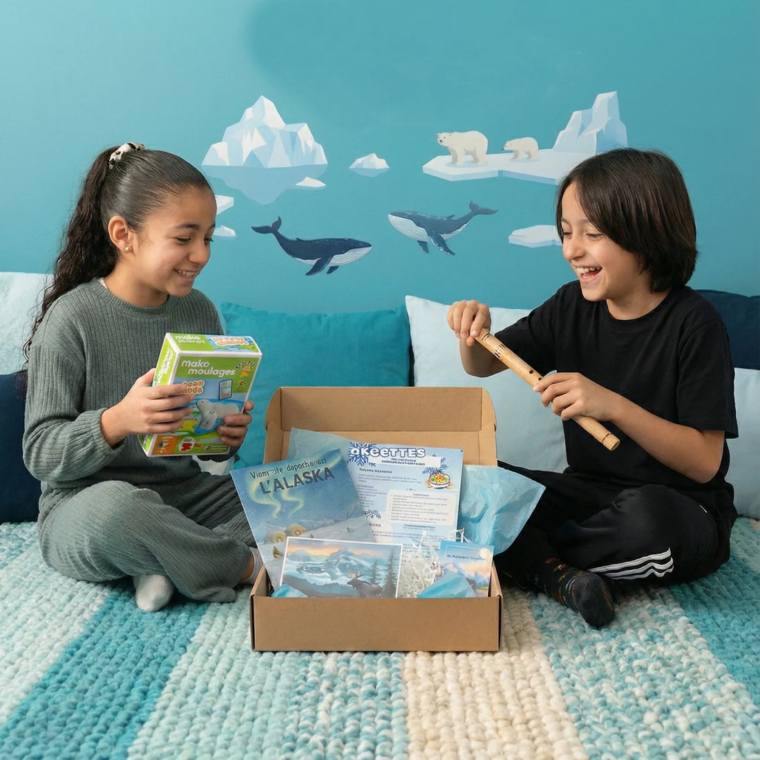 Enfants souriants découvrant une box éducative sur l'Alaska avec jeu et flûte dans une pièce bleue